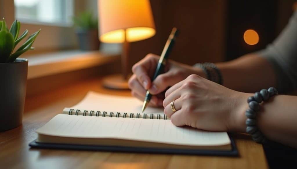 Hands writing in a blank notebook illuminated by a soft lamp