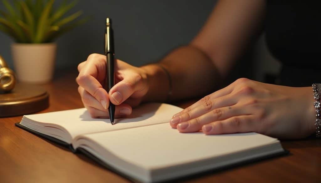 Journaling hands with a simple bracelet in a softly lit, cozy interior