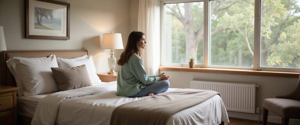 a person sitting peacefully on the edge of the bed looking toward the window, warm and safe atmosphere