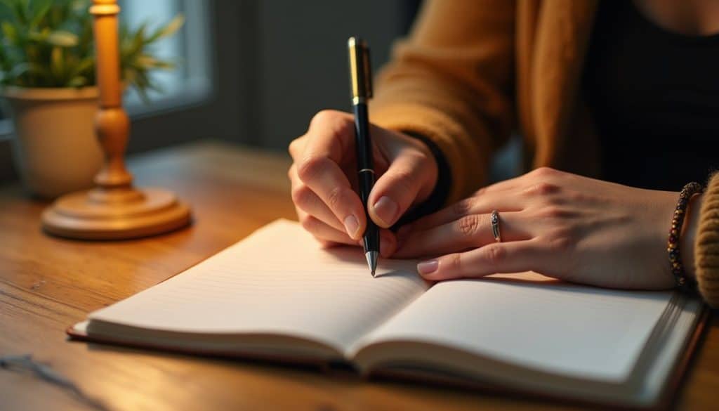 Hands writing in a plain journal with warm lighting and natural details