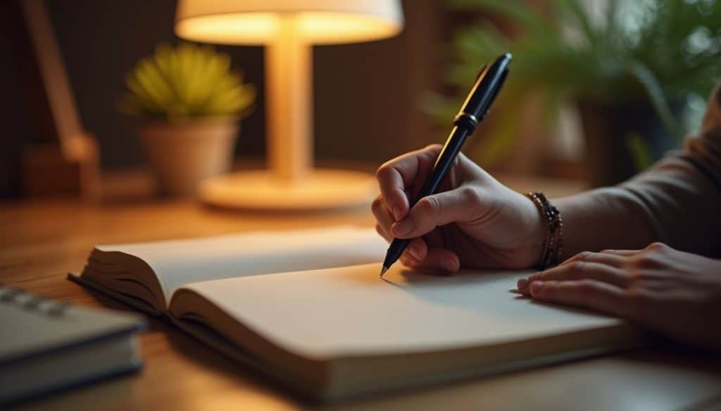 Close view of journaling hands at a wooden table in a calm, warmly lit setting