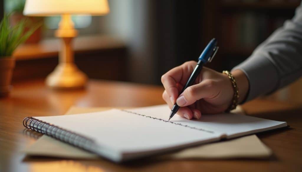 Warmly lit close-up of hands journaling at a wooden table with a plant nearby