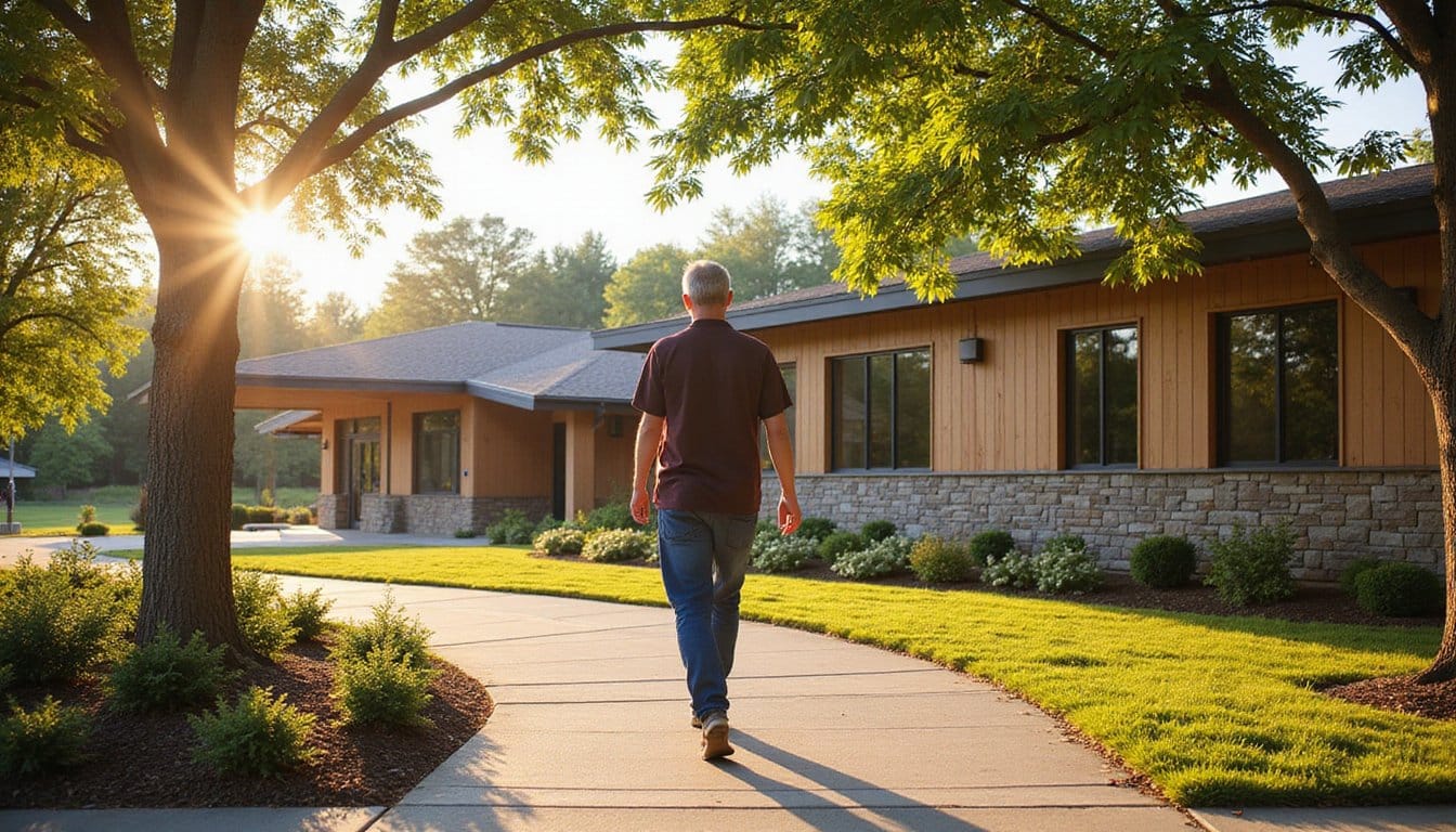 One adult walking toward the entrance, seen from behind, casual clothing, relaxed posture, golden afternoon light,
