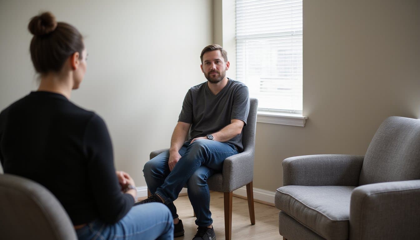 One adult seated across from a therapist, therapist slightly out of focus, calm and attentive mood