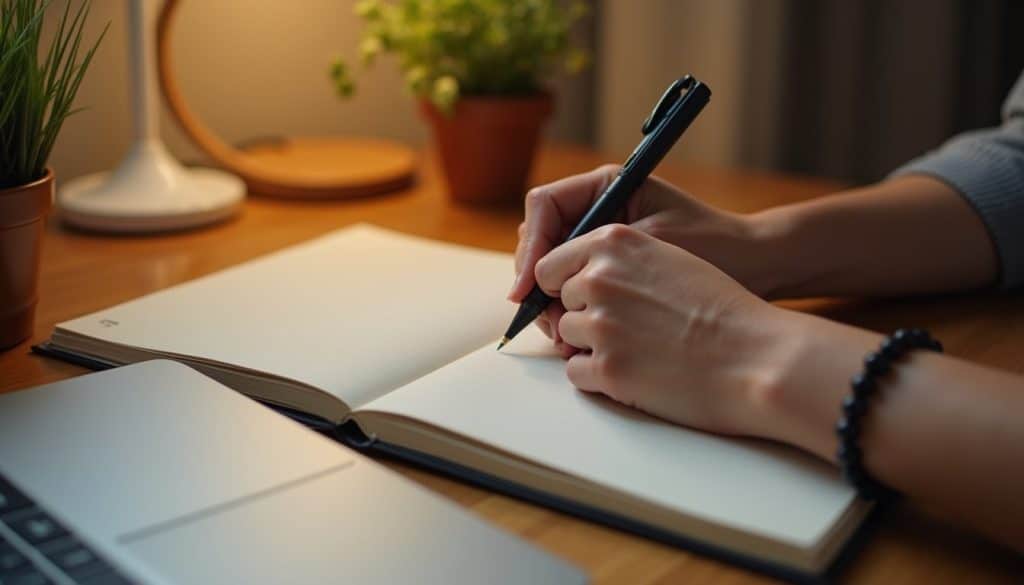 Close-up of hands writing in a blank journal at a wooden table in warm lamplight