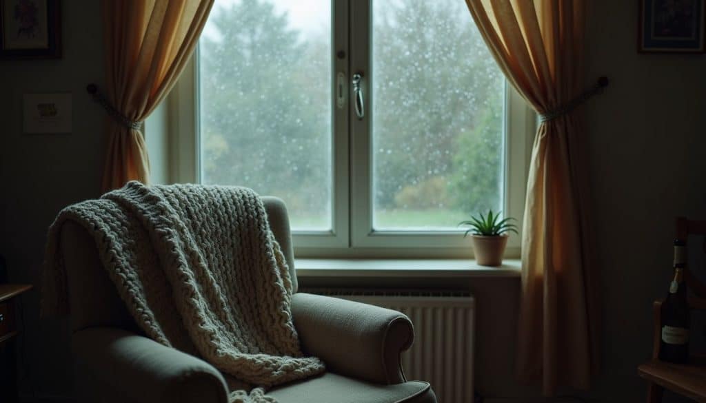 Rain-speckled window beside a chair draped with a knitted throw in a softly lit, cozy home interior for family Program in Los Angeles County