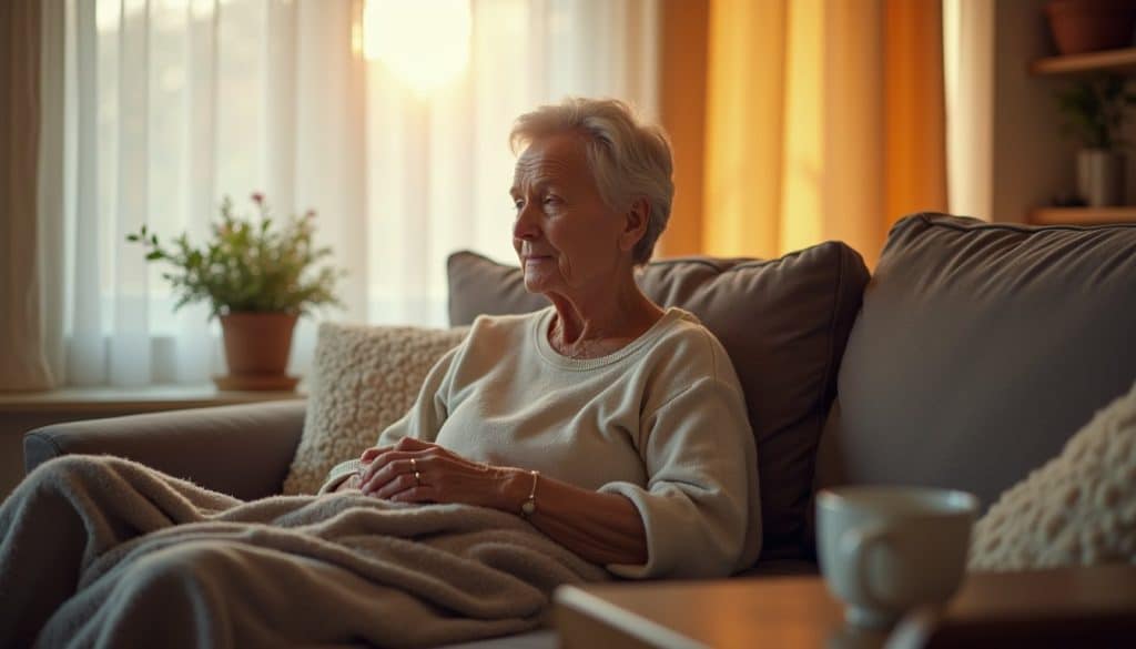 Calm residential living room scene with a young adult seated comfortably and a cup of tea nearby