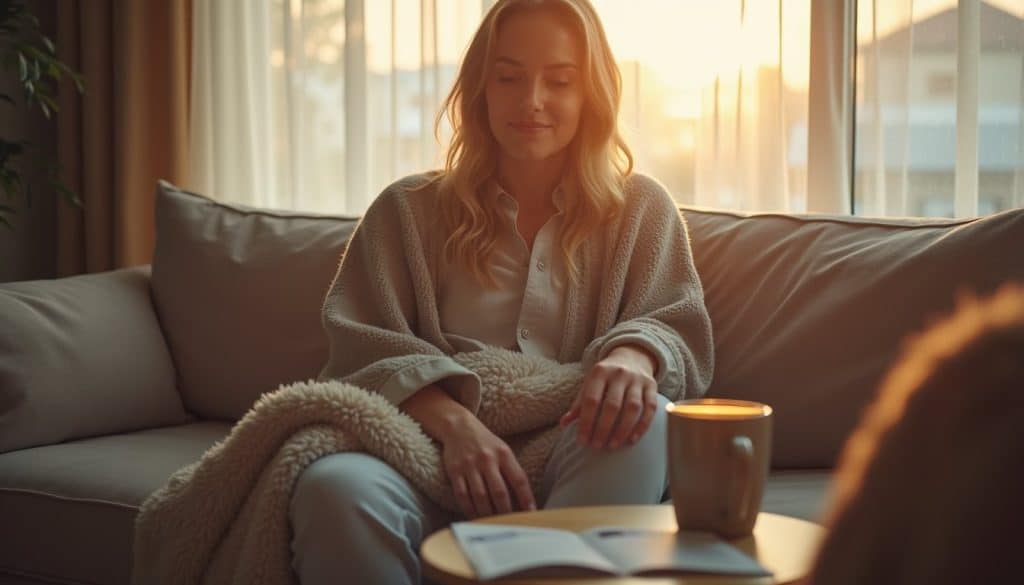 Relaxed young adult sitting on a couch in a treatment residence with natural light and neutral tones