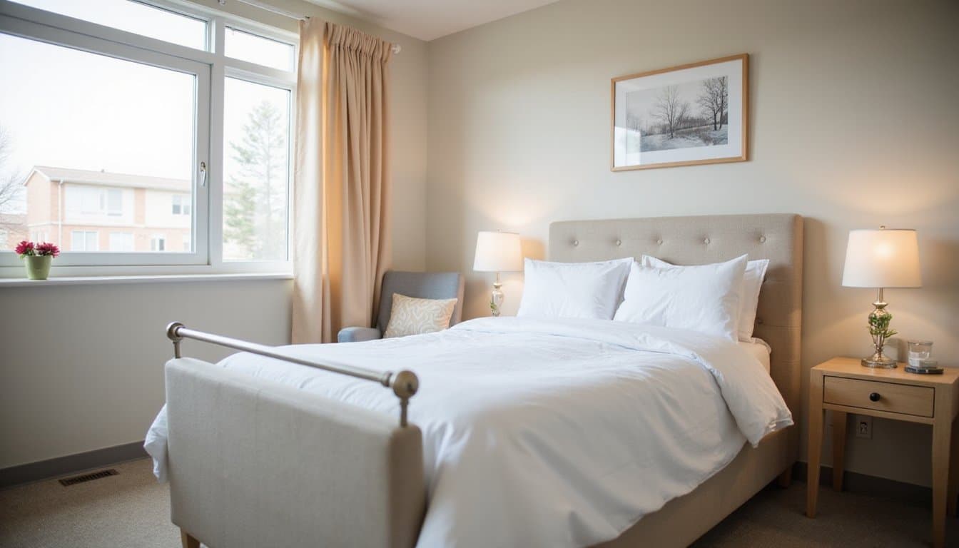 A serene residential inpatient mental health facility bedroom, soft natural light, neutral calming colors, comfortable bed