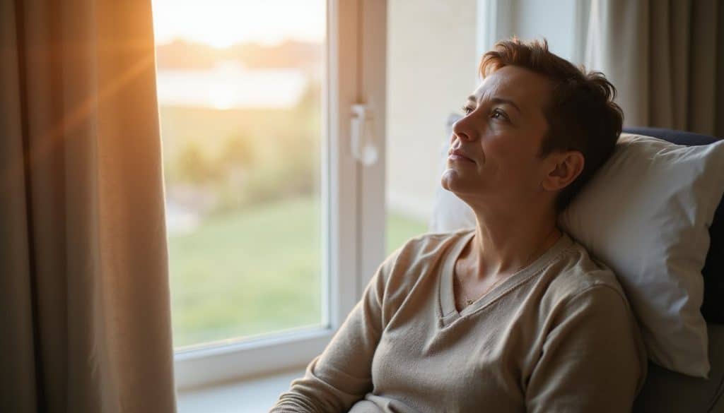 Person seated quietly in a residential inpatient recovery room