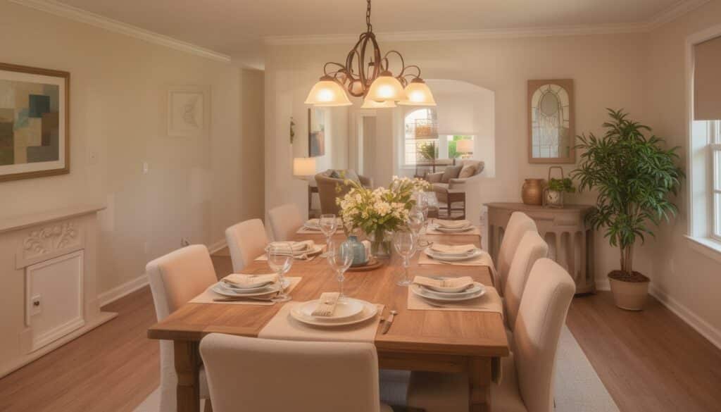 Relaxing communal dining area with warm lighting and indoor plants.