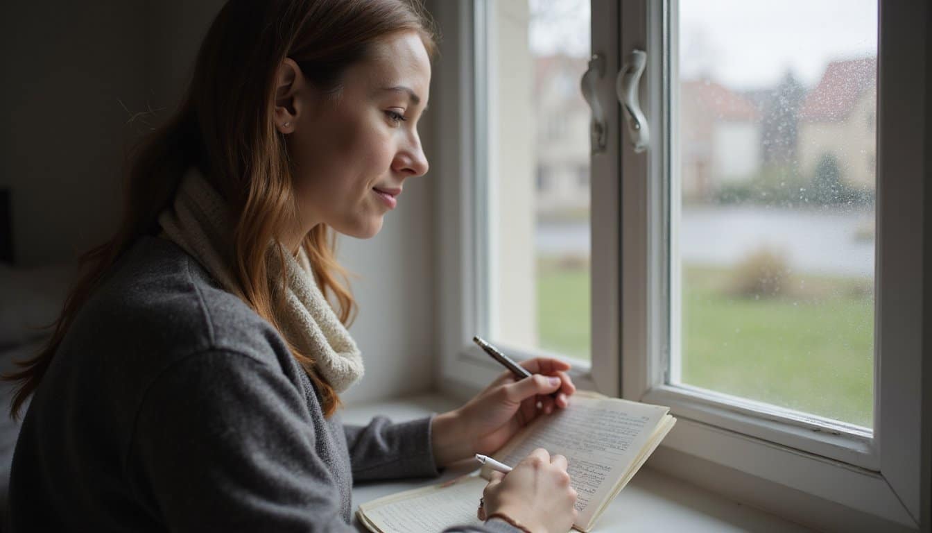 A woman writing journal inside an inpatient facility looking happy and satisfied