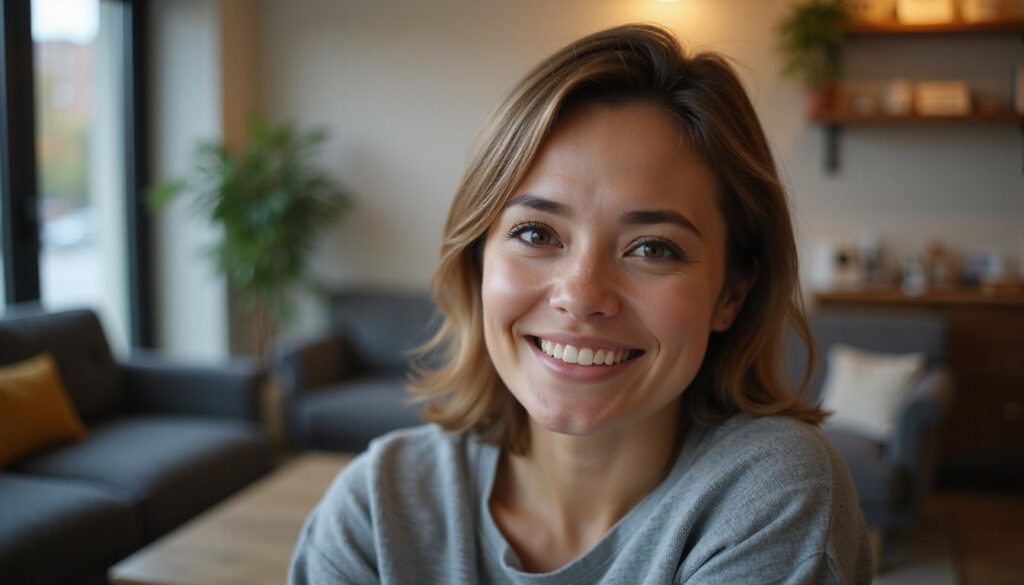 Adult with steady gaze in a cozy lounge setting representing holistic treatment.
