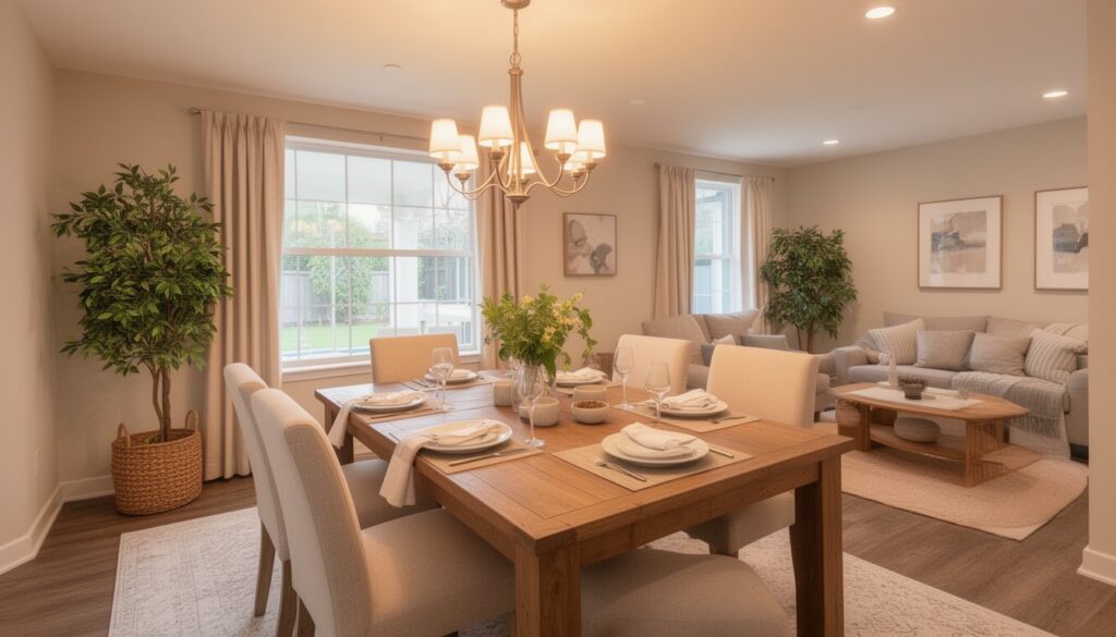Spacious wooden table in a warm, community-focused dining environment.