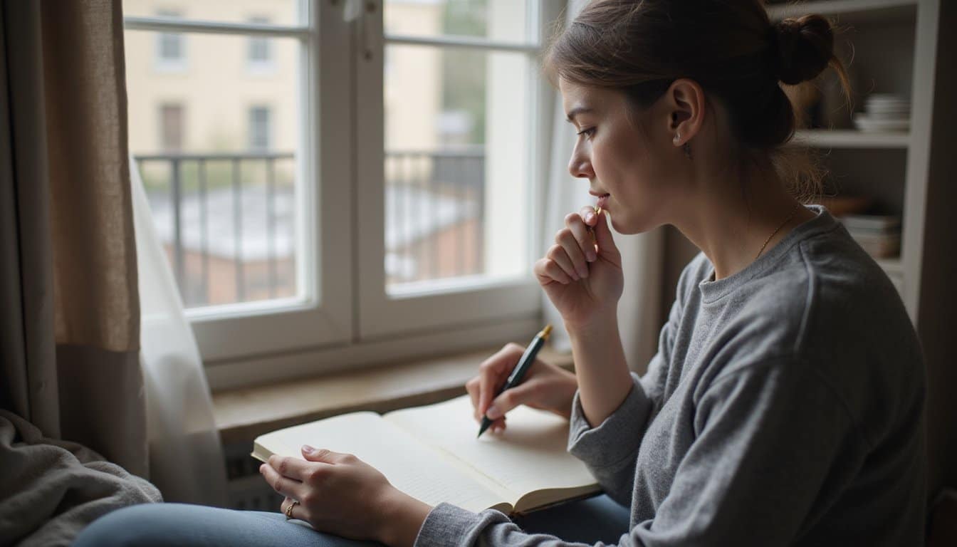 Woman smiling while writing in a journal inside a warm, residential treatment room, natural light coming through the window.