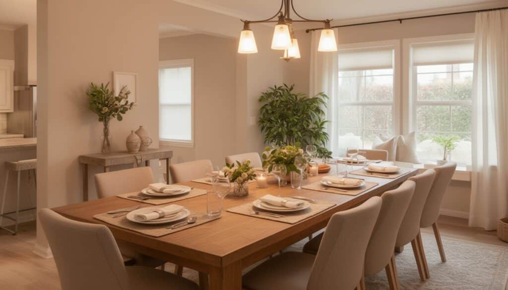 Welcoming residential dining space with large wooden table and warm ambient lighting.