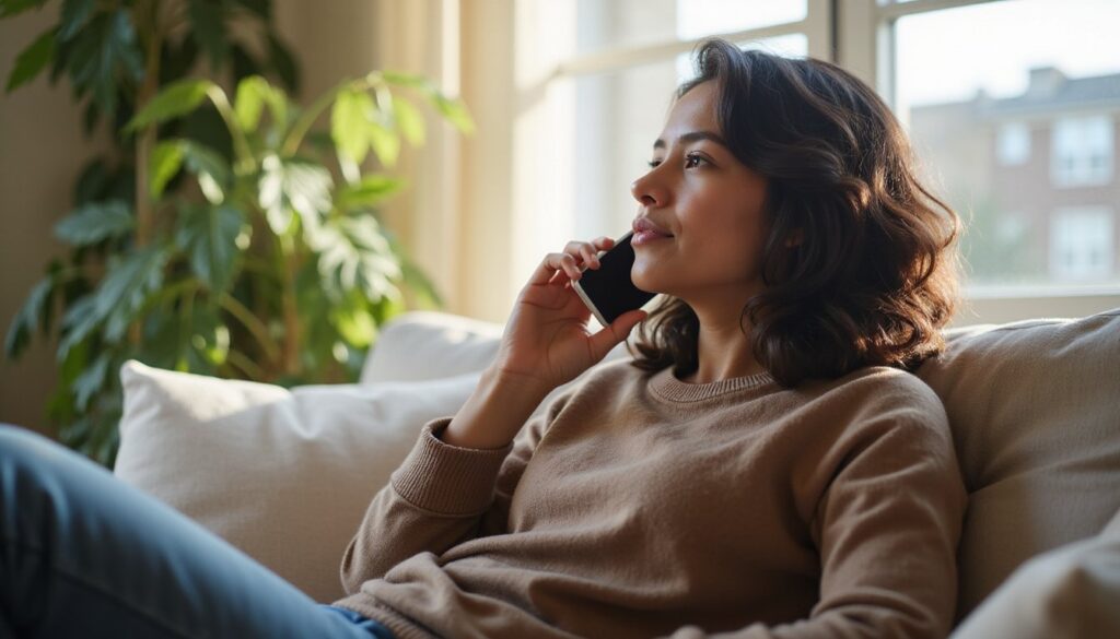 Adult making a phone call in a cozy lounge while starting the admission process.