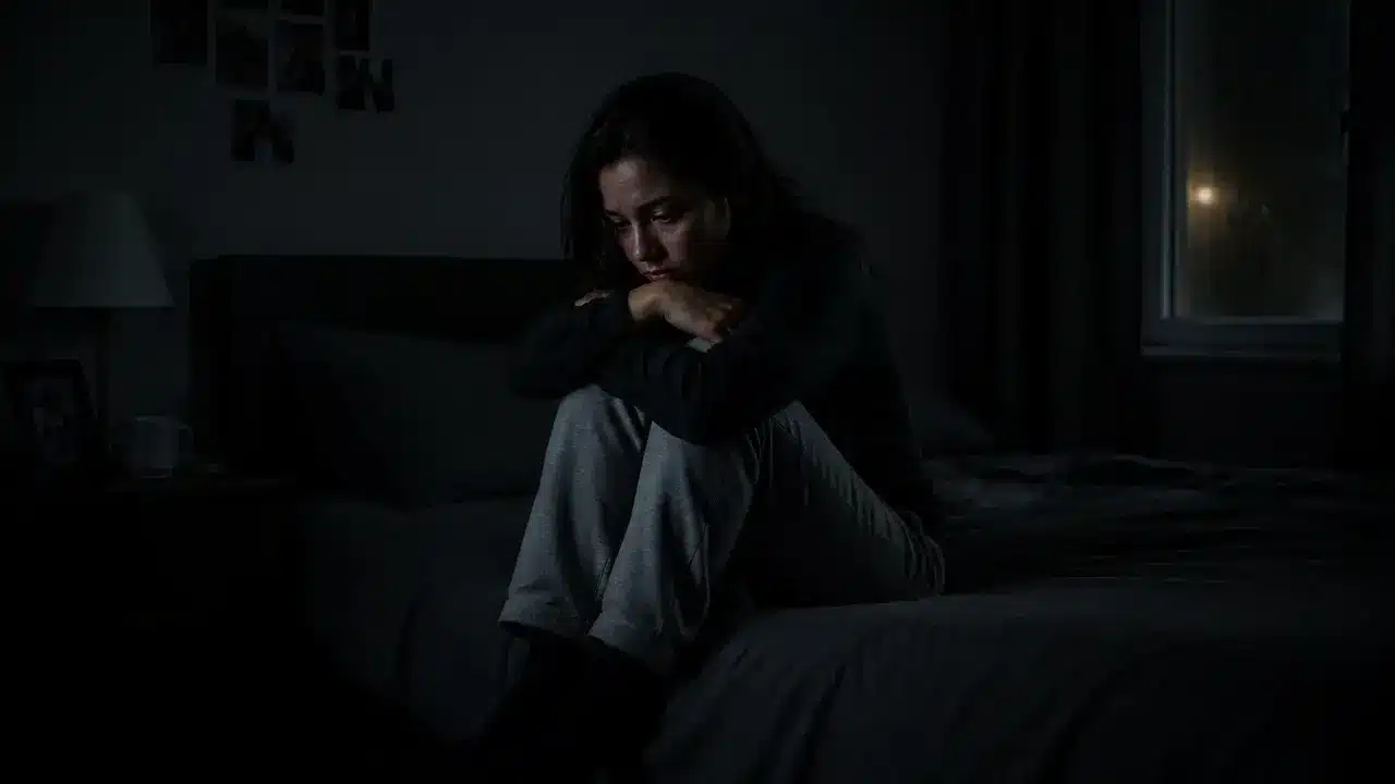 Sad woman sitting alone on a bed in a dim bedroom