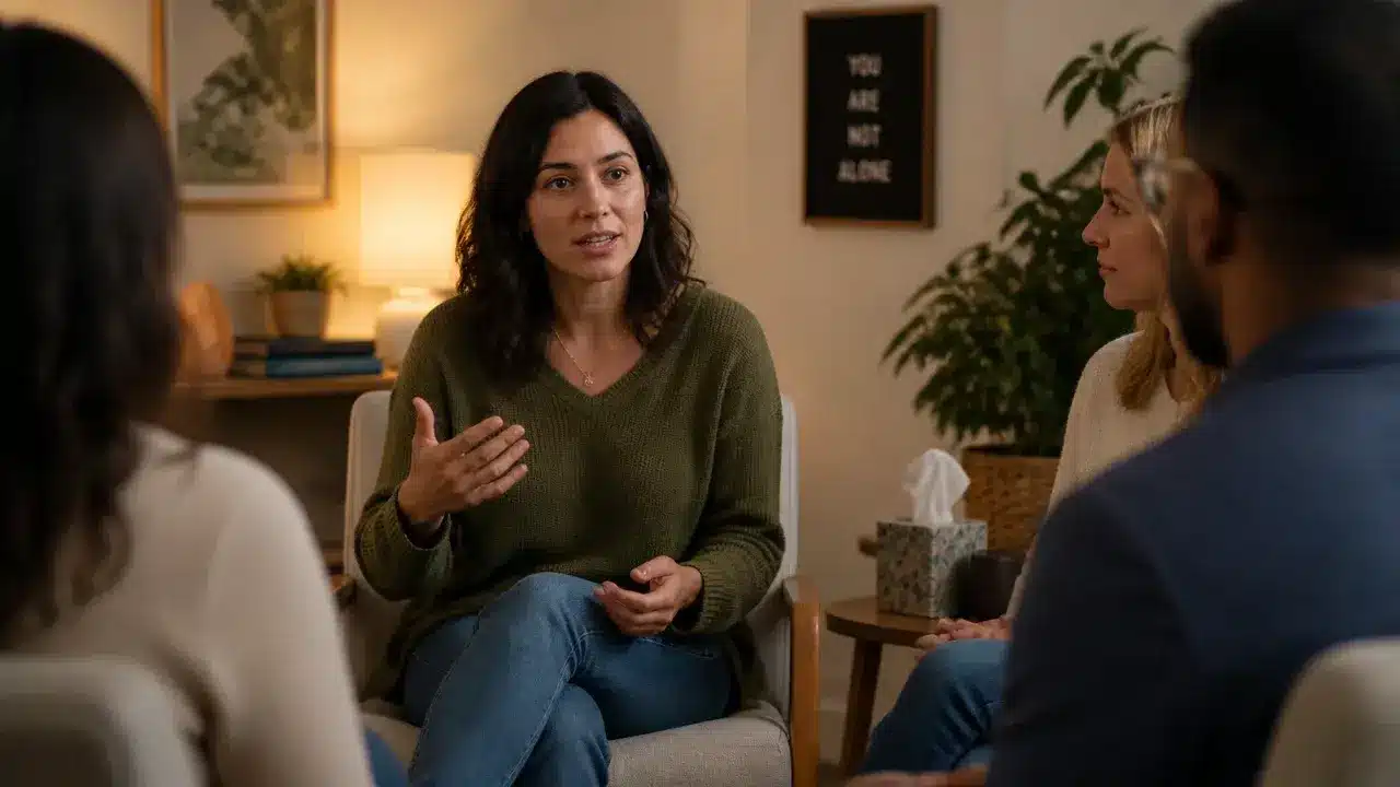 Woman speaking with others during a small group therapy session