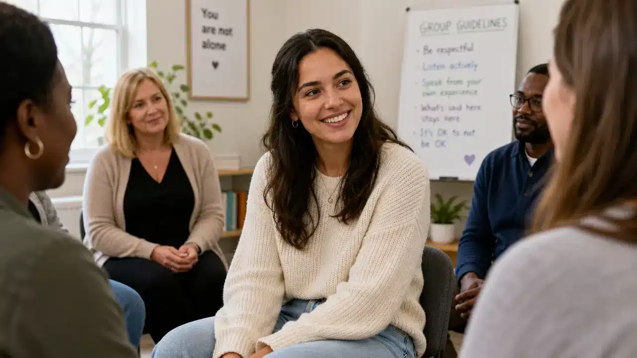 Smiling woman participating in a supportive group therapy session