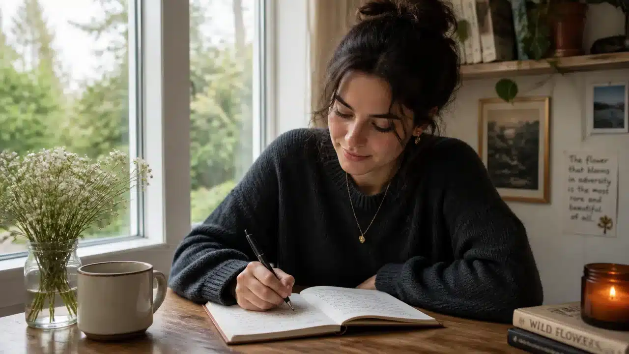 A hand writes in an open notebook on a wooden table beside a steaming cup of coffee, a bowl of fruit, with warm morning sunlight streaming through a window in the background.