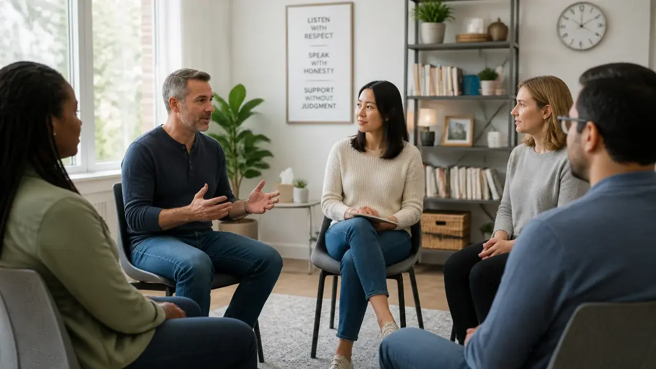 Adults participating in a supportive group therapy discussion