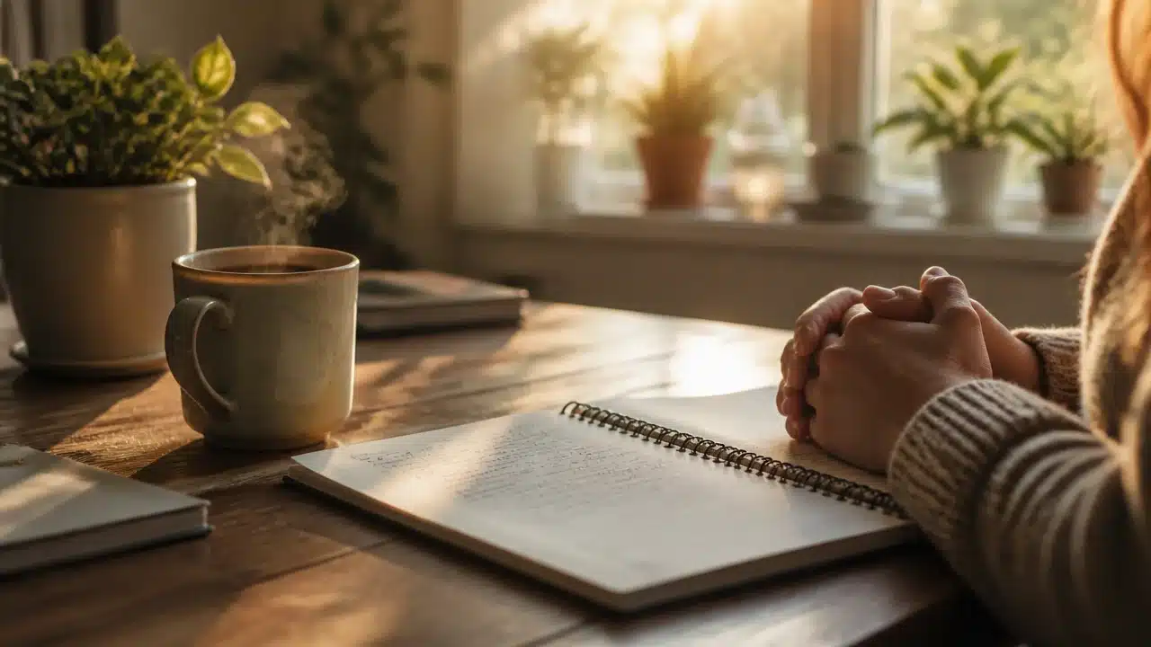 A person rests their hands beside an open notebook and a steaming cup of coffee on a wooden table, with potted plants and warm morning sunlight creating a calm, reflective atmosphere.
