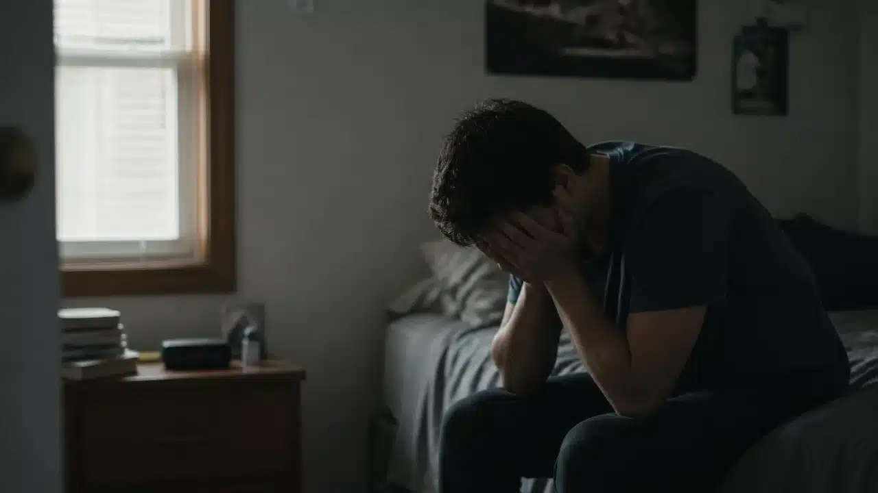 A person sits on the edge of a bed with their face covered by their hands in a dimly lit bedroom, illuminated by soft daylight filtering through a nearby window, conveying stress or emotional overwhelm.