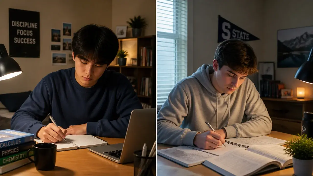 Split-screen of two college students studying at desks with books and laptops