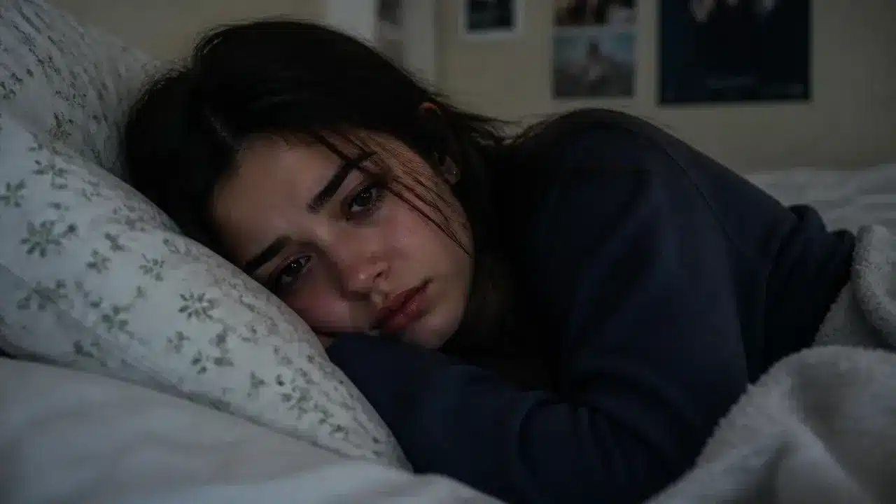 Sad young woman lying awake in bed with a distressed expression