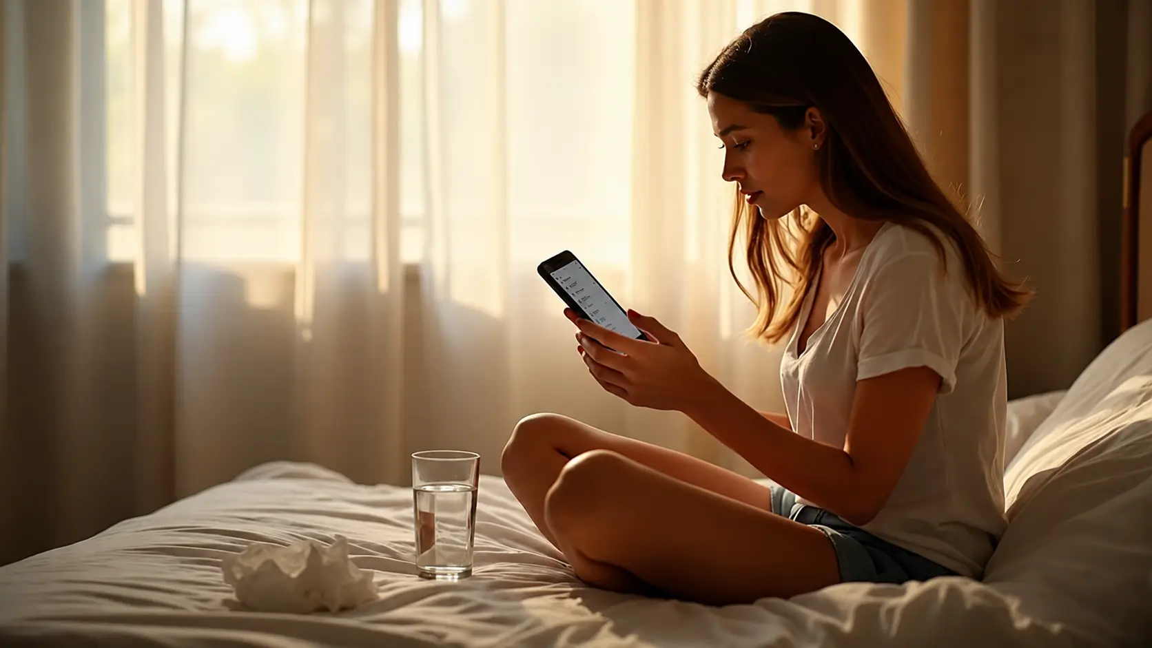 A young woman sits cross-legged on a neatly made bed in a softly lit bedroom, looking at a smartphone she holds with both hands. Warm sunlight filters through sheer curtains behind her, while a glass of water and a crumpled tissue rest on the bed nearby, creating a calm, reflective atmosphere.