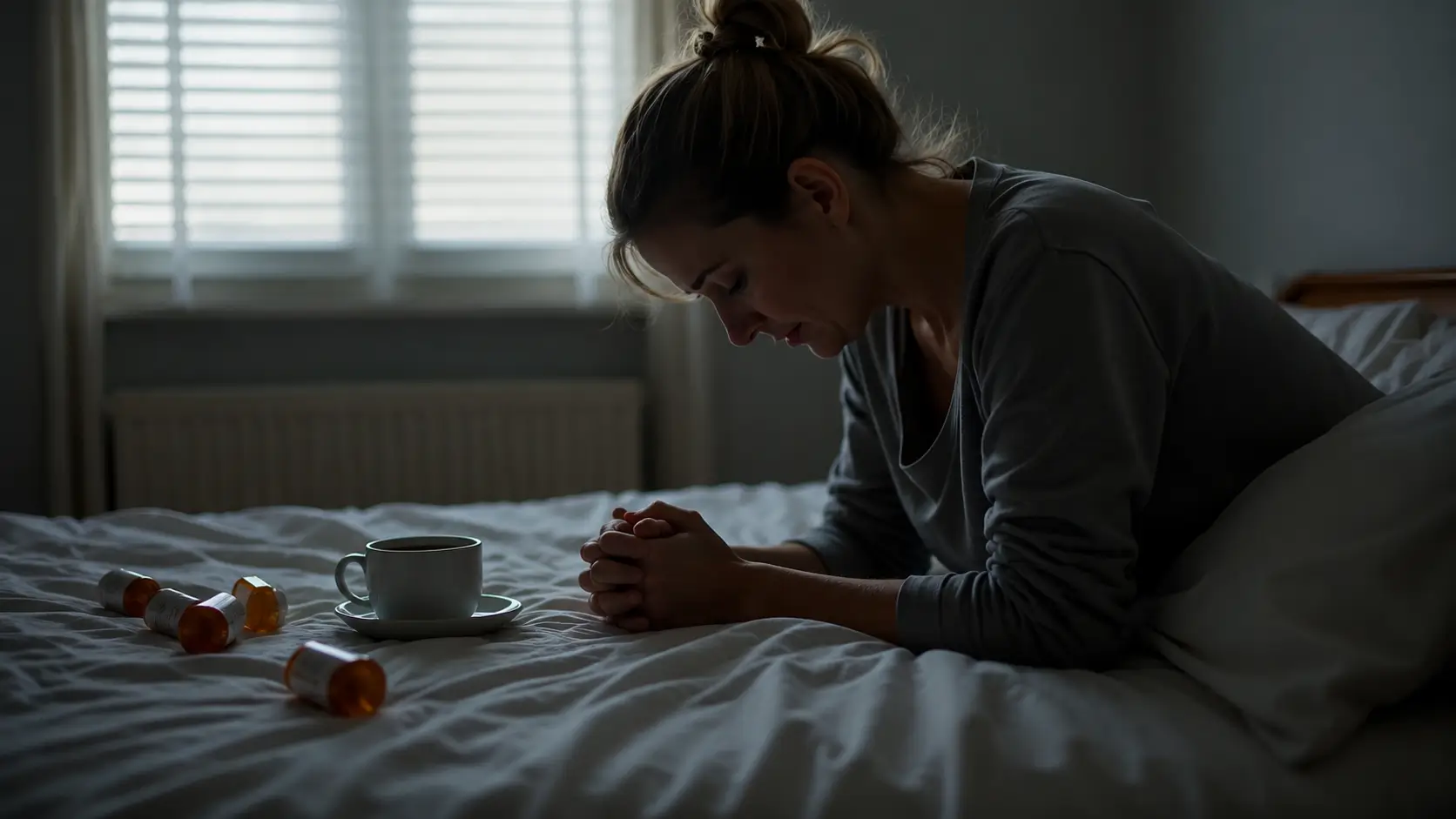 A woman sits on a bed in a dimly lit bedroom with her head bowed and hands clasped together. Several prescription pill bottles and a white cup on a saucer rest on the bed beside her, while soft daylight filters through a window with blinds, creating a quiet, somber atmosphere.