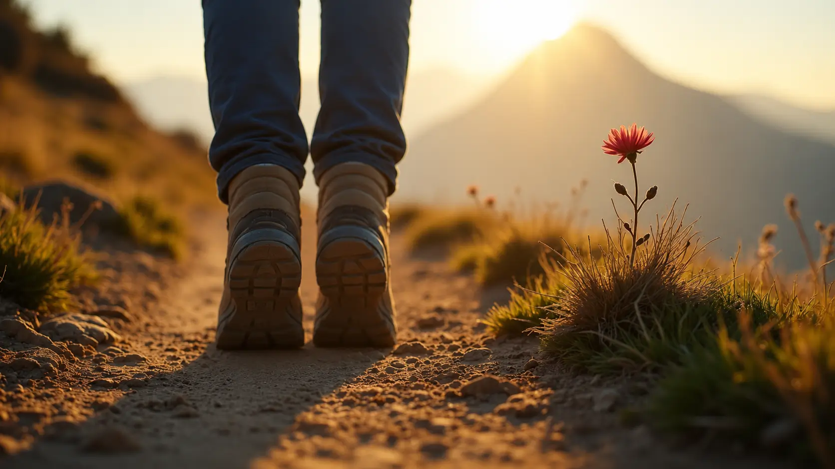 A close-up view of a hiker's sturdy boots walking side by side along a sunlit mountain trail during golden hour. A single pink wildflower blooms beside the path, while a softly blurred mountain rises in the background, creating a peaceful outdoor scene illuminated by warm evening light.