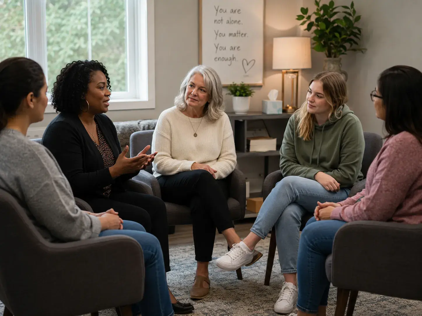 Five women participating in a supportive group therapy session