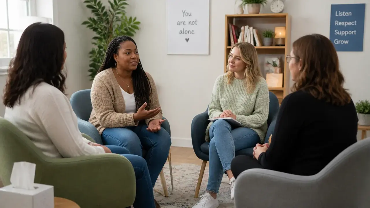 Four women participating in a supportive group therapy discussion