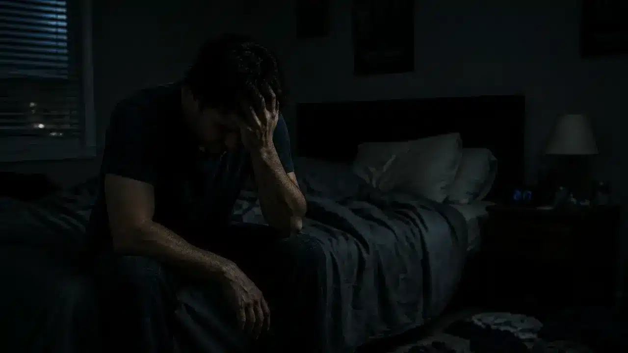 Distressed man sitting alone on a bed in a dim bedroom