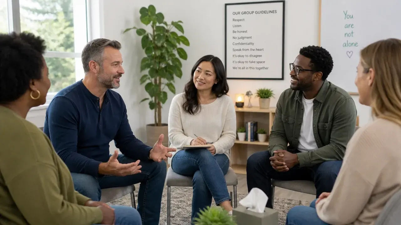 Adults participating in a supportive group therapy discussion