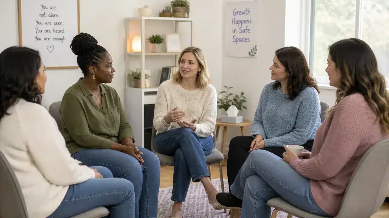 Five women participating in a supportive group therapy discussion