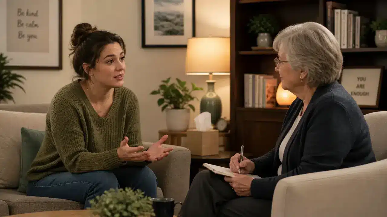 Woman speaking with an older counselor during a private therapy session