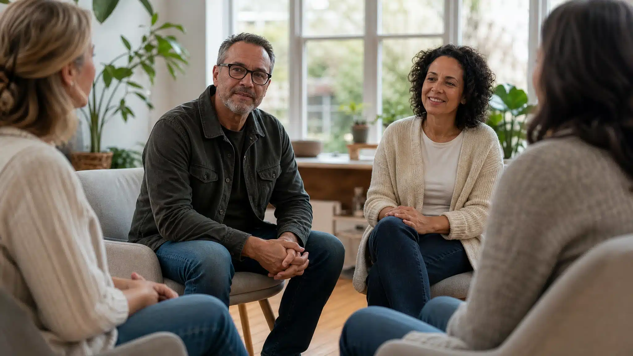 Diverse adults sitting together during a supportive group counseling session