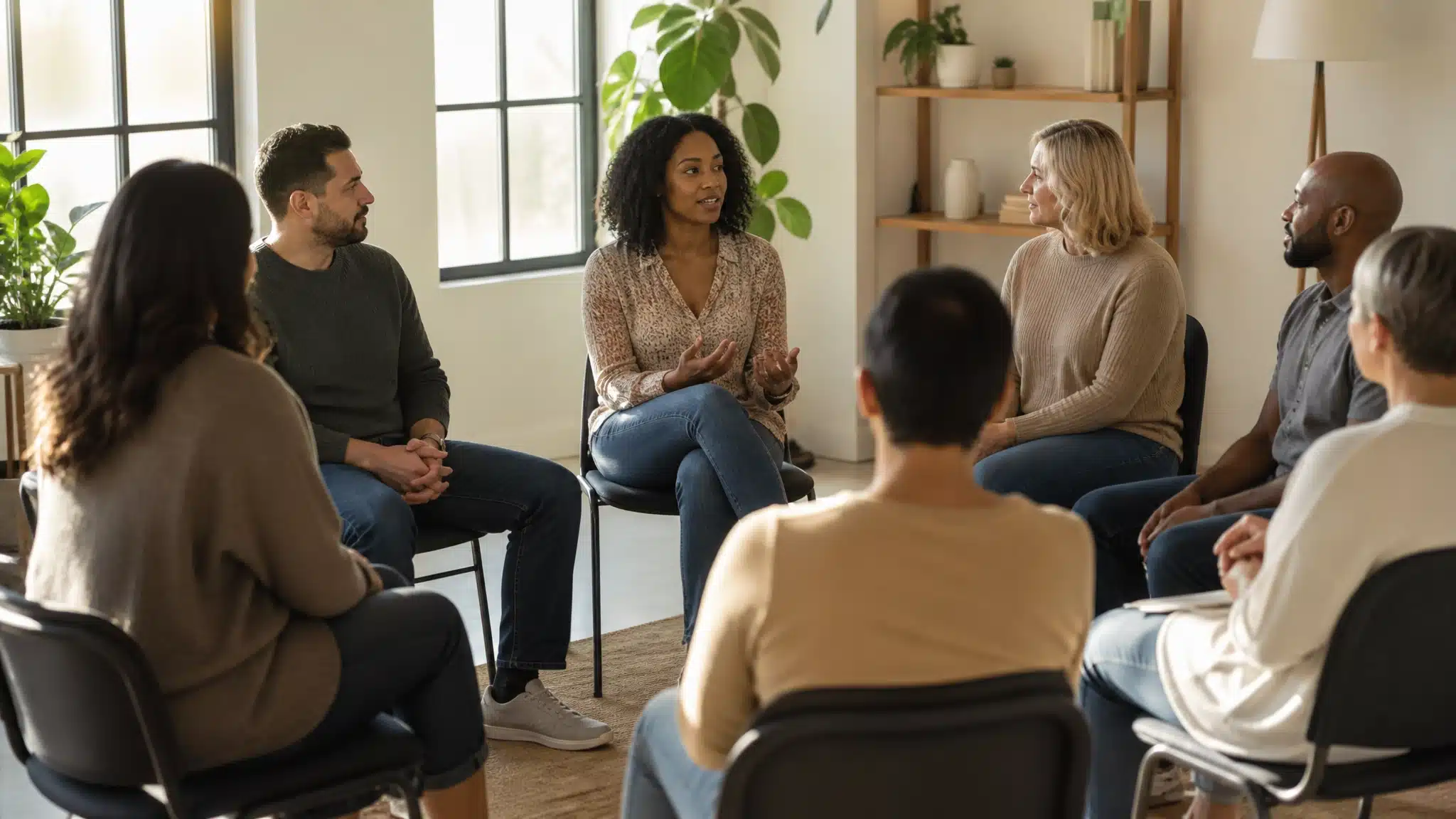 Diverse adults sitting in a circle during a supportive group counseling session, with one woman speaking while others listen attentively in a bright therapy room.