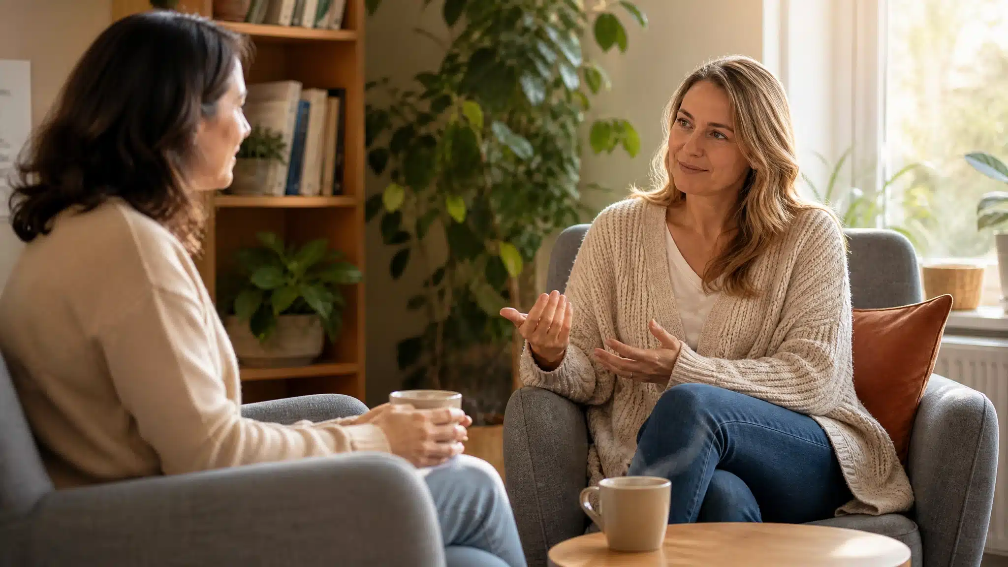 Woman talking with another woman during a supportive counseling conversation in a comfortable room