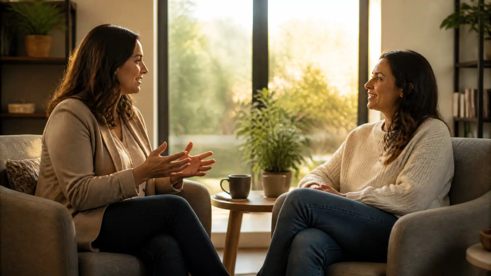Two adult women having a private counseling conversation in a warm, sunlit room, with one woman speaking and the other listening attentively.