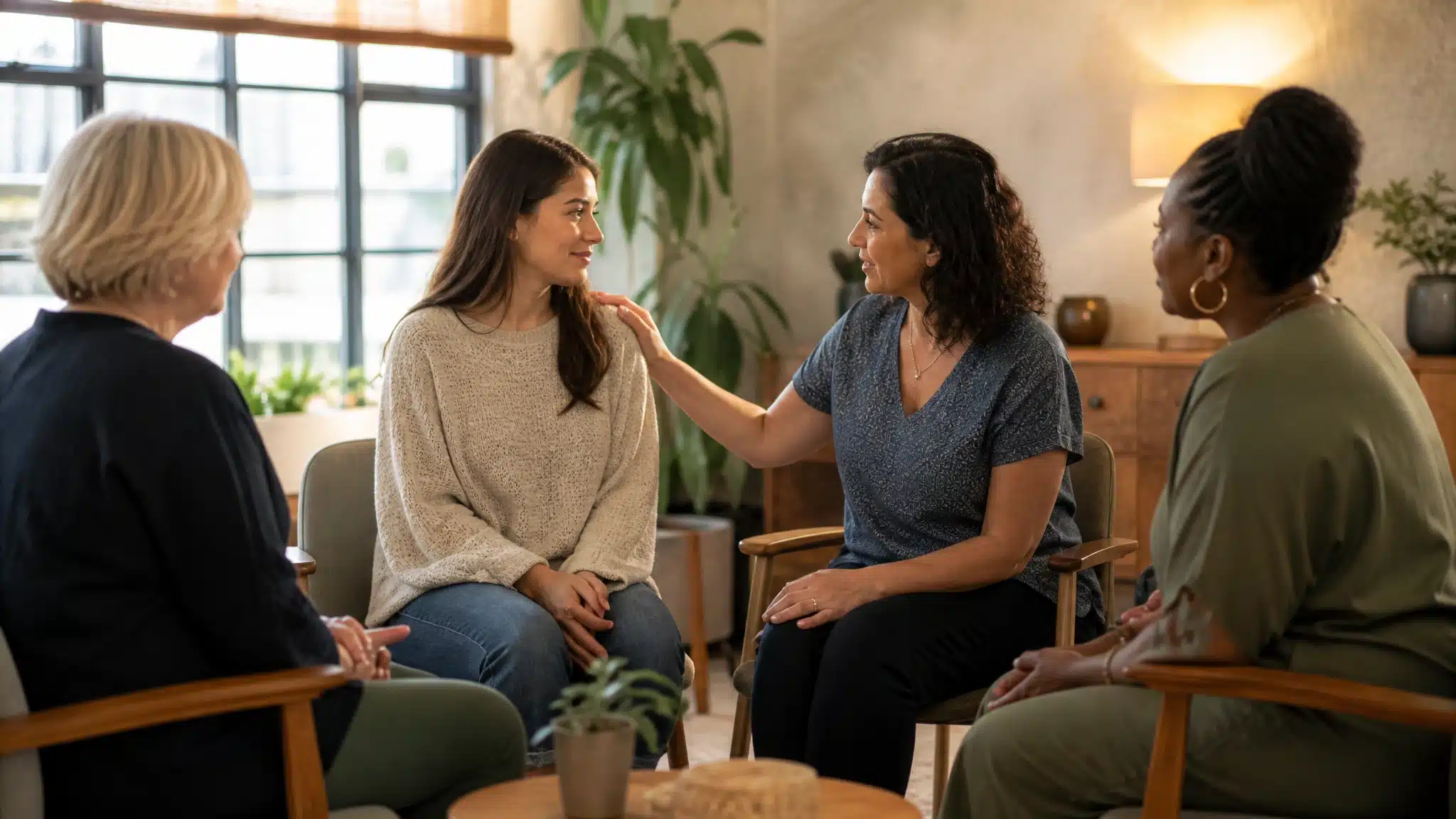 Four women sitting together during a supportive group counseling session in a comfortable room