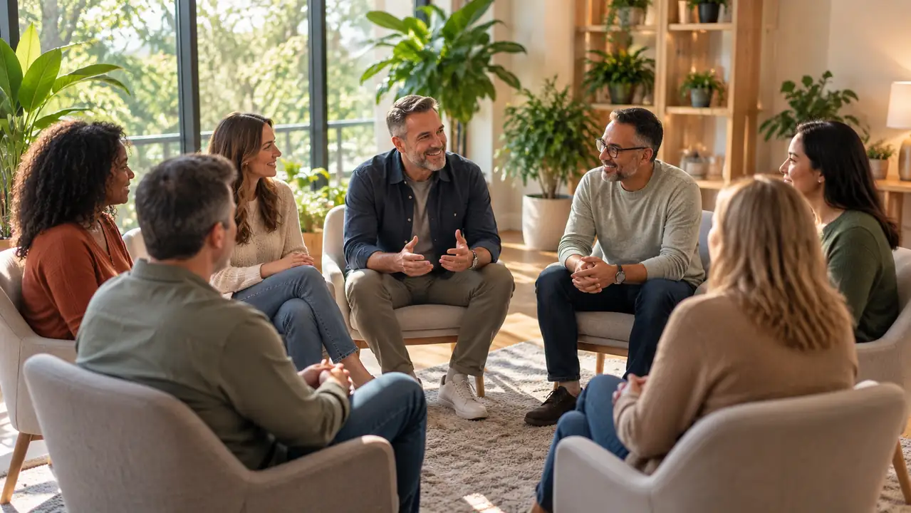 Diverse group of seven adults sitting together during a supportive group counseling session