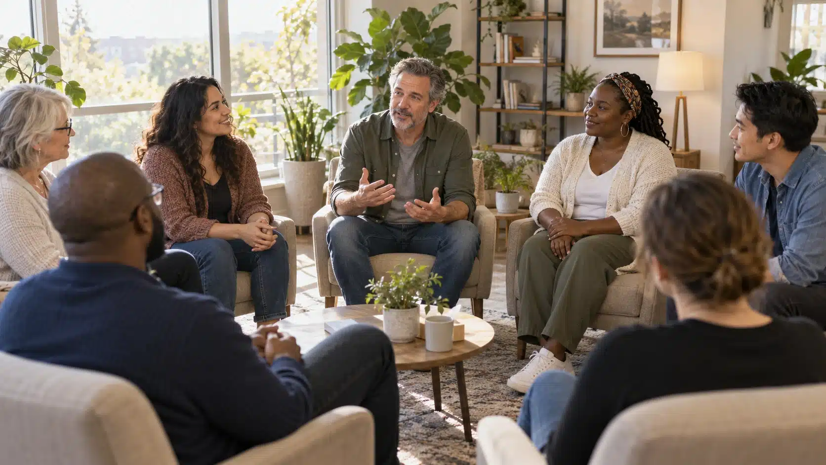 Diverse adults sitting in a circle during a supportive group counseling session in a bright, welcoming therapy room.