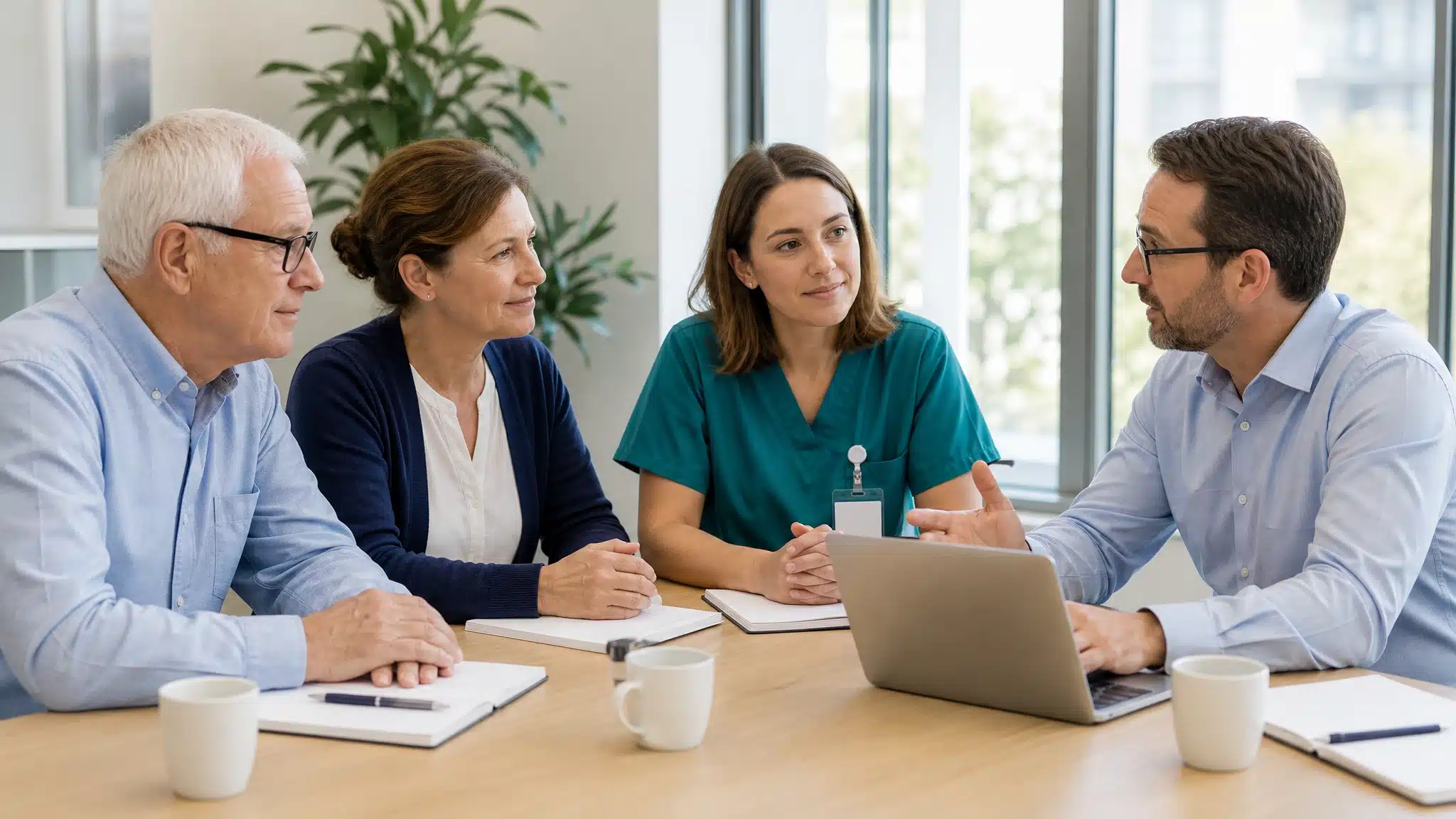Healthcare professional discussing a medical care plan with three adults during a consultation.