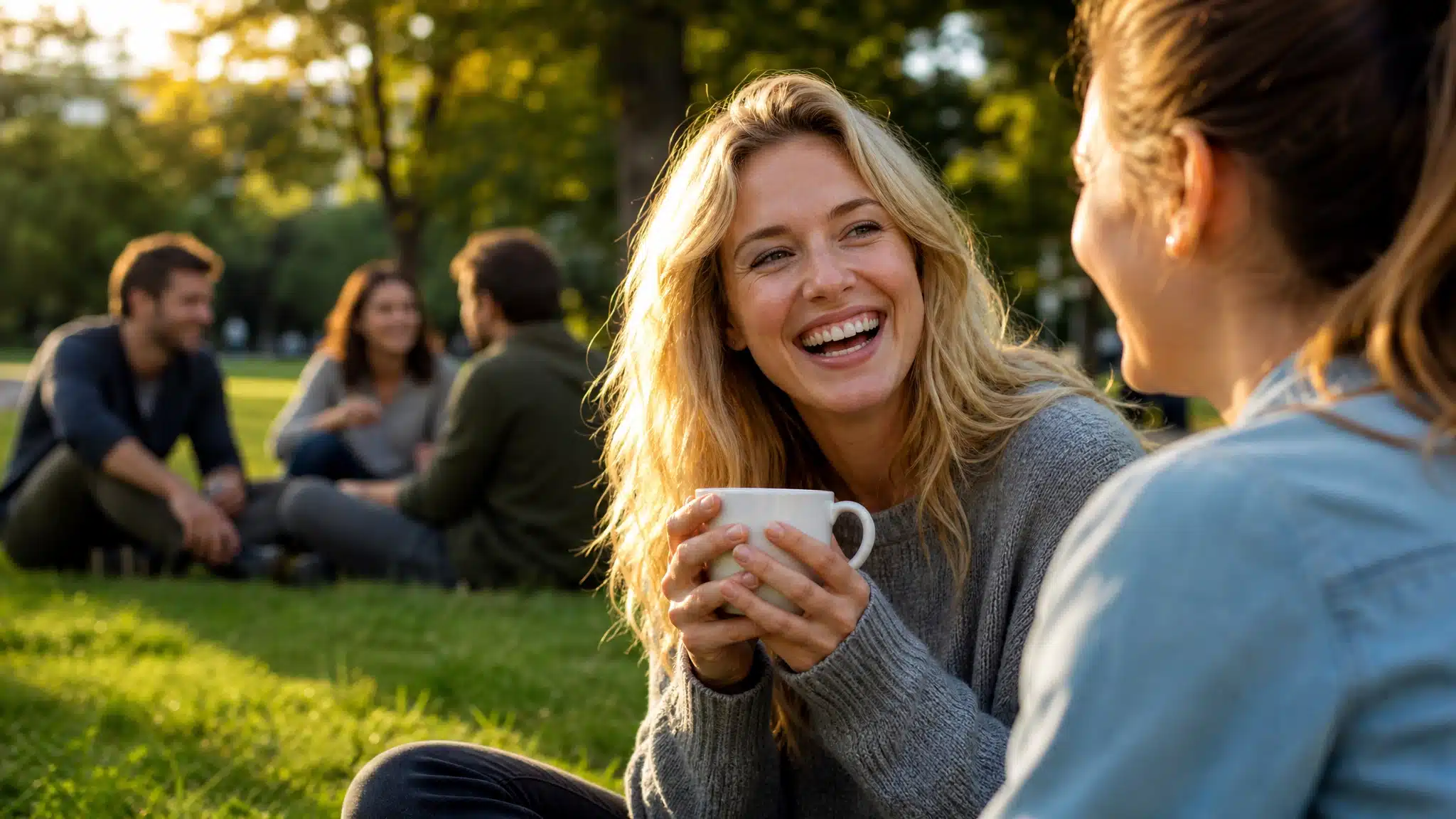 Smiling woman holding a coffee mug while laughing with a friend in a sunny park.