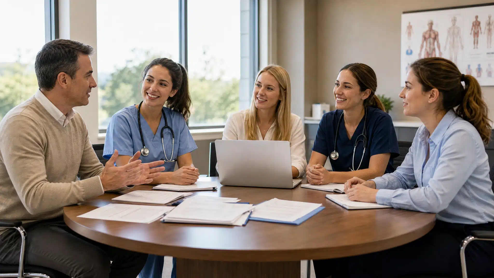 Five healthcare professionals discussing patient care during a collaborative medical team meeting.